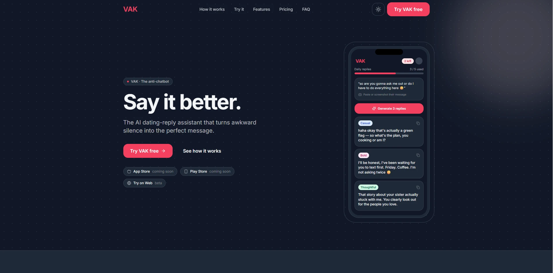 VAK — Say it better AI dating reply assistant interface